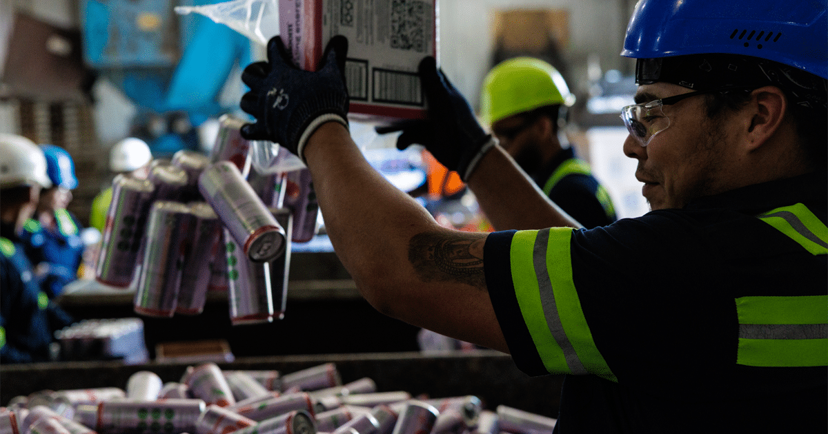 Man sorting aluminum cans in recycling facility. Container Recycling & Food Waste Depackaging